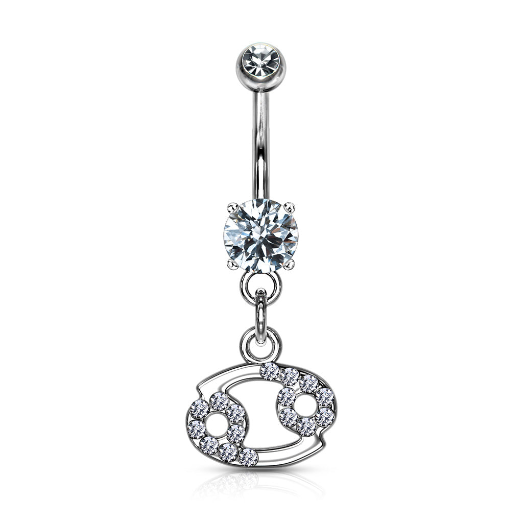 CZ Crystal Zodiac Sign Dangling Belly Button Ring - 316L Stainless Steel