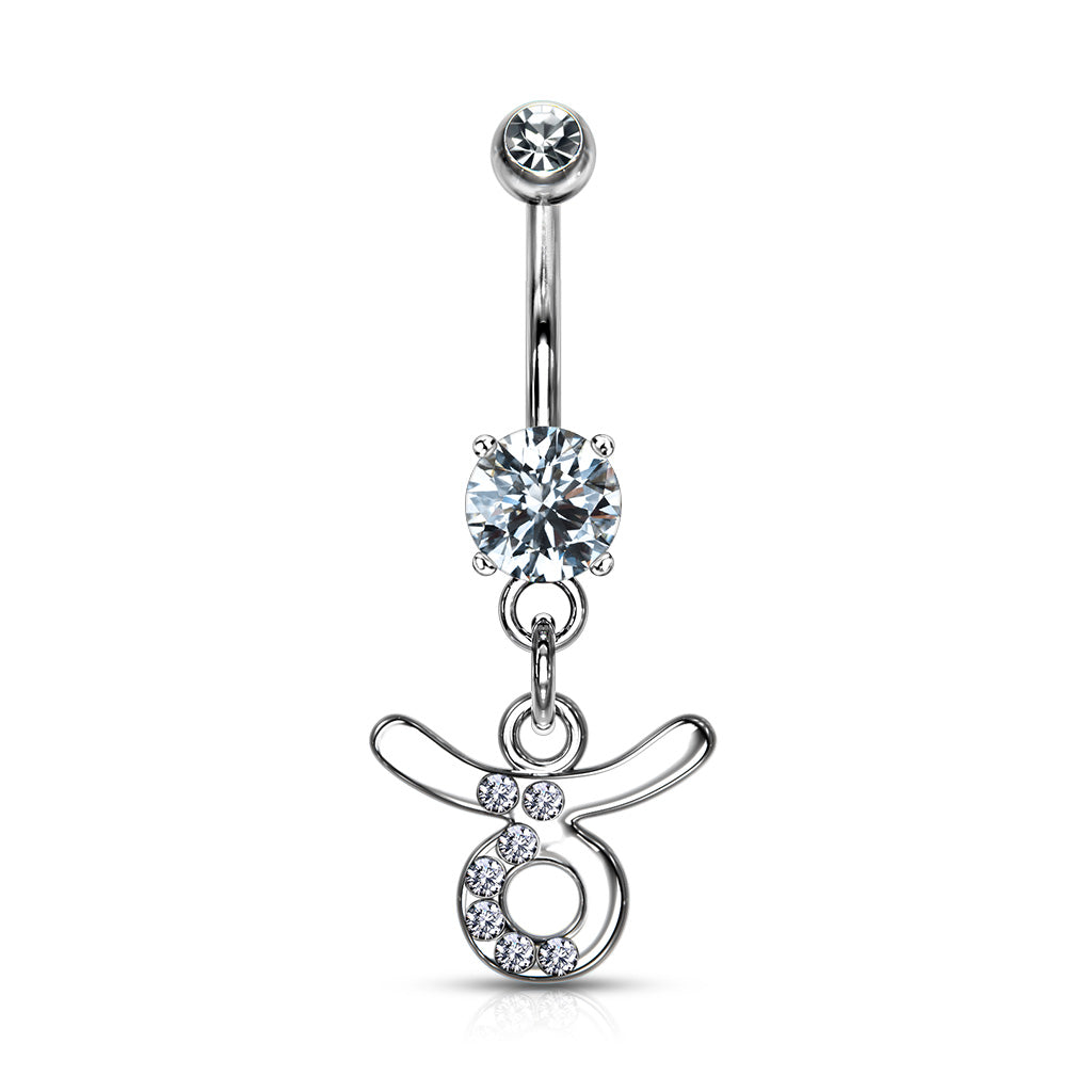 CZ Crystal Zodiac Sign Dangling Belly Button Ring - 316L Stainless Steel