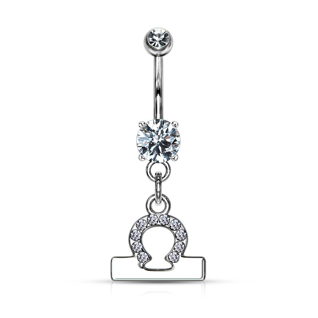 CZ Crystal Zodiac Sign Dangling Belly Button Ring - 316L Stainless Steel