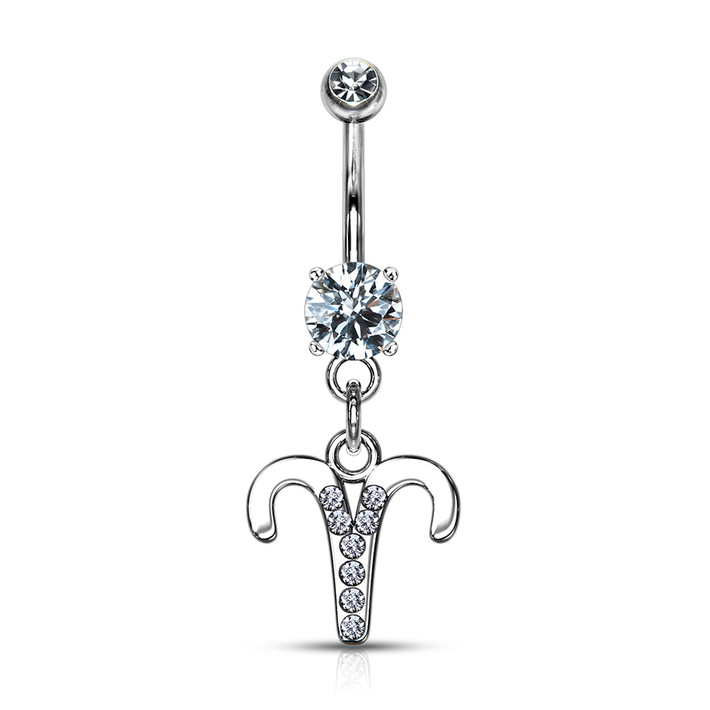 CZ Crystal Zodiac Sign Dangling Belly Button Ring - 316L Stainless Steel