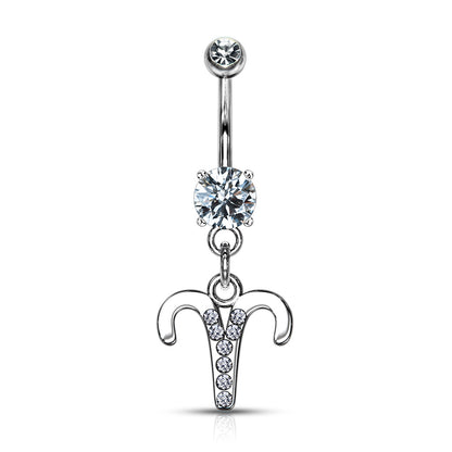 CZ Crystal Zodiac Sign Dangling Belly Button Ring - 316L Stainless Steel