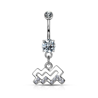 CZ Crystal Zodiac Sign Dangling Belly Button Ring - 316L Stainless Steel