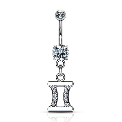 CZ Crystal Zodiac Sign Dangling Belly Button Ring - 316L Stainless Steel