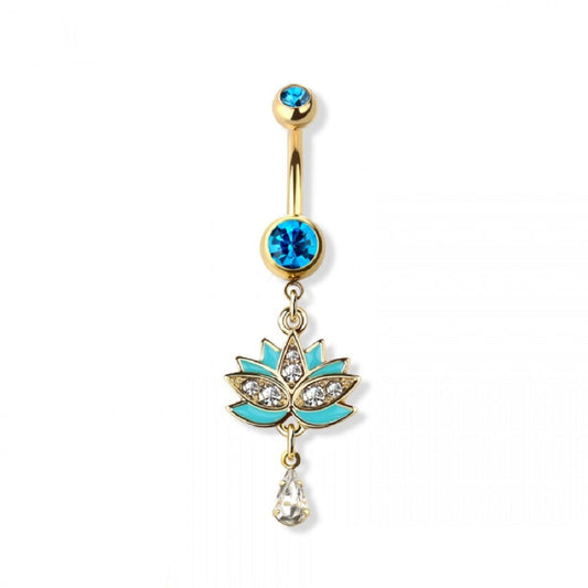 Teal Crystal Lotus Flower Dangling Belly Button Ring - Gold Plated Stainless Steel