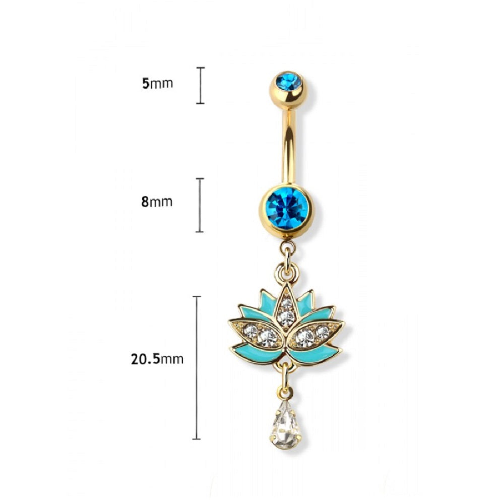 Teal Crystal Lotus Flower Dangling Belly Button Ring - Gold Plated Stainless Steel