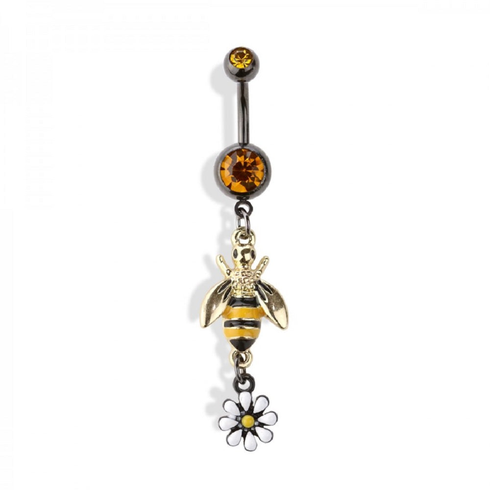 Double Jeweled Bumblebee with Flower Dangle Belly Button Ring - 316L Stainless Steel