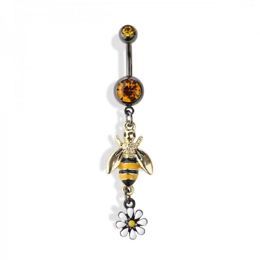 Double Jeweled Bumblebee with Flower Dangle Belly Button Ring - 316L Stainless Steel