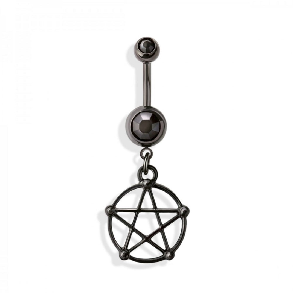 Pentacle Dangle Double Jeweled Belly Button Ring - 316L Stainless Steel