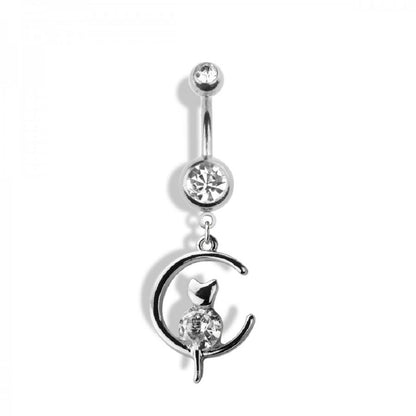 Crescent Moon Dangle with Inner Cat Holding onto CZ Belly Button Ring - 316L Stainless Steel