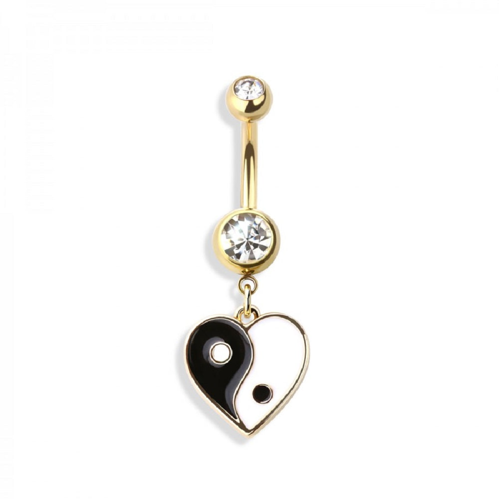 Dangling Yin-Yang Heart with Double Jeweled Bar Belly Button Ring - 316L Stainless Steel