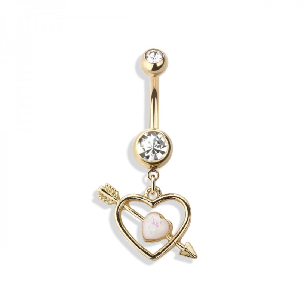 Cupid's Love Double Heart Dangling Belly Button Ring - 316L Stainless Steel