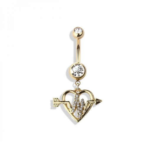 Cupid's Twisted Arrow Heart Dangle Belly Button Ring - 316L Stainless Steel