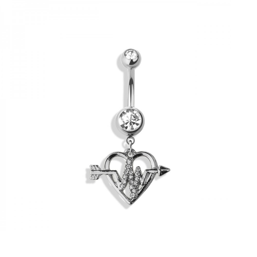 Cupid's Twisted Arrow Heart Dangle Belly Button Ring - 316L Stainless Steel