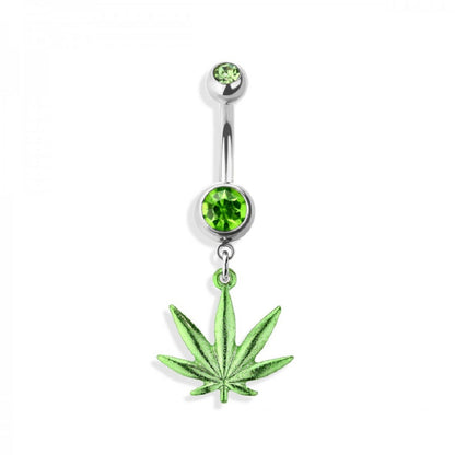 Double Jeweled Marijuana CBD Hemp Leaf Dangle Belly Button Ring
 - 316L Stainless Steel
