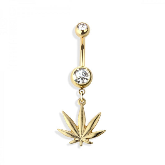 Double Jeweled Marijuana CBD Hemp Leaf Dangle Belly Button Ring
 - 316L Stainless Steel