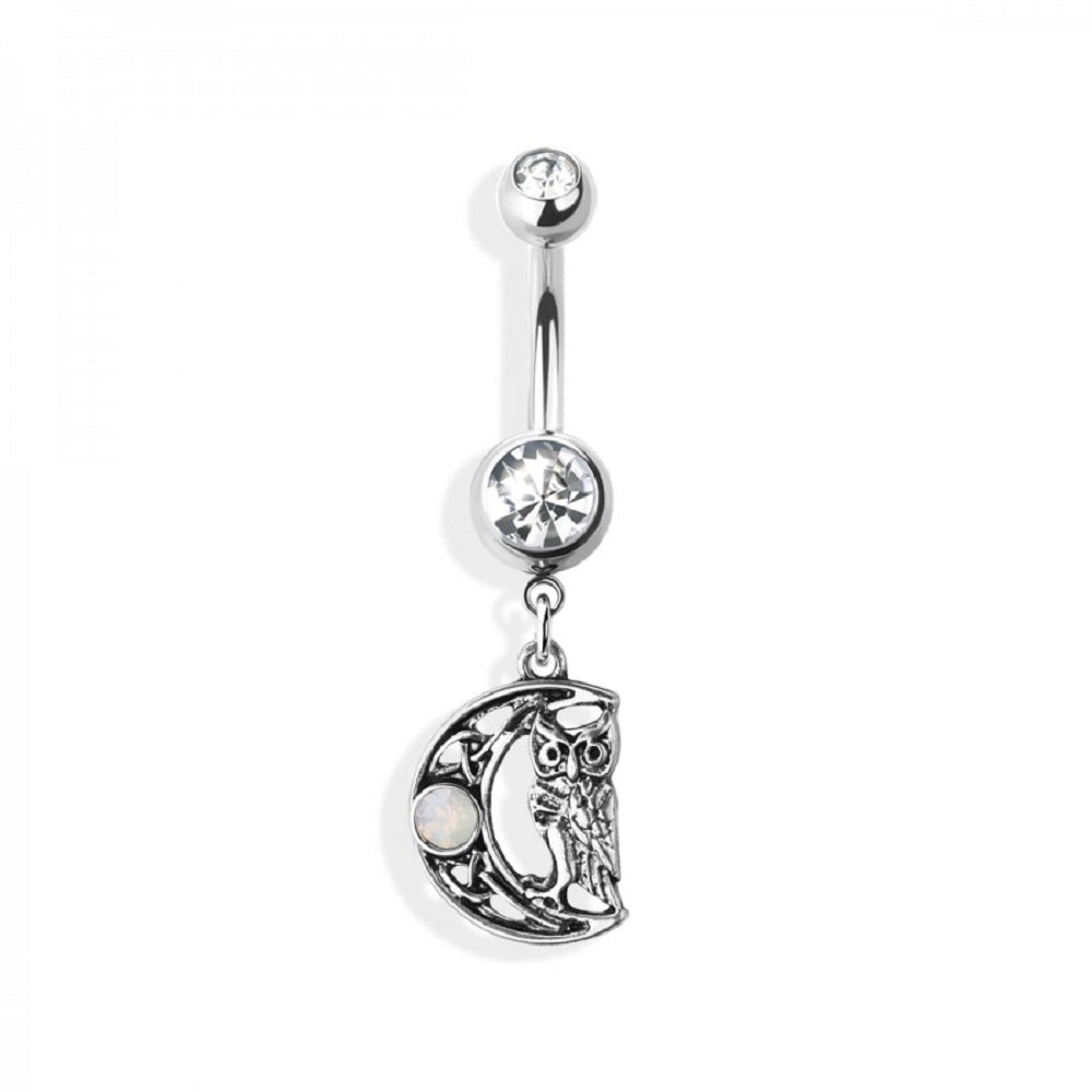 Gothic Filigree Owl on Crescent Moon with Gem Belly Button Ring - 316L Stainless Steel