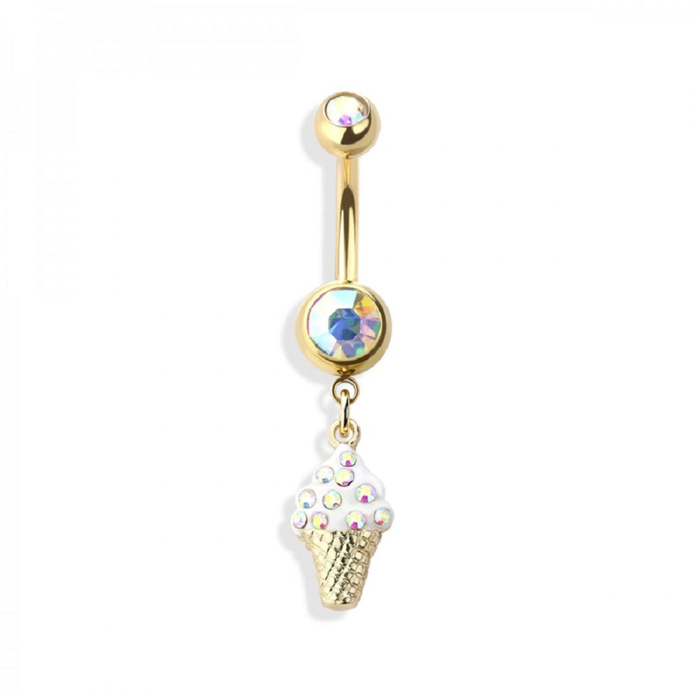 Dangling Summer Ice Cream Cone Belly Button Ring - 316L Stainless Steel