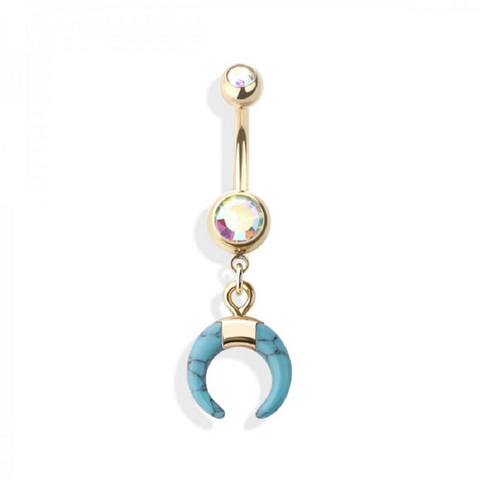 Double Jeweled Barbell with Horn Shaped Synthetic Stone Dangling Belly Button Ring - 316L Stainless Steel