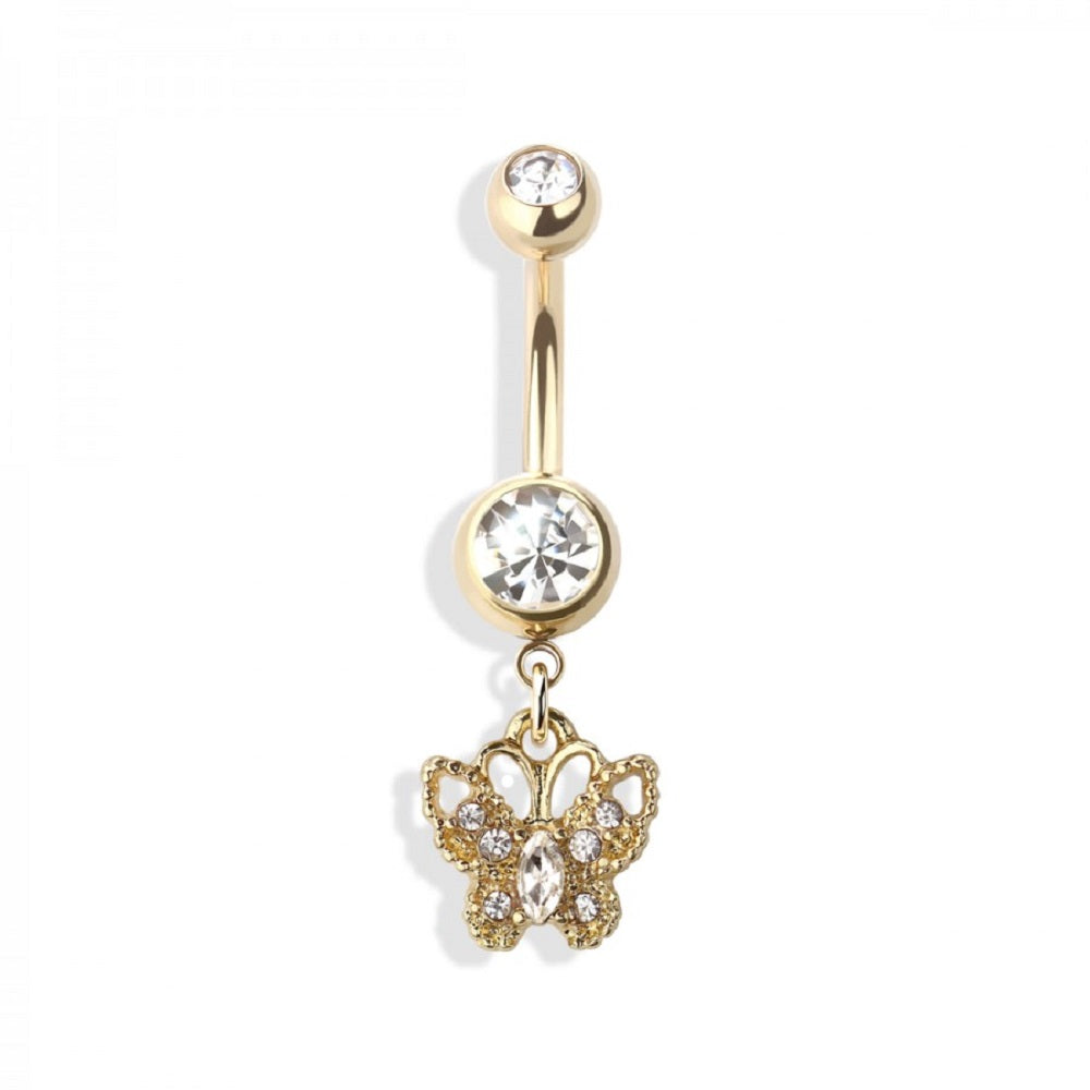 Double Jeweled Barbell with Dangling CZ Paved Butterfly Belly Button Ring - 316L Stainless Steel