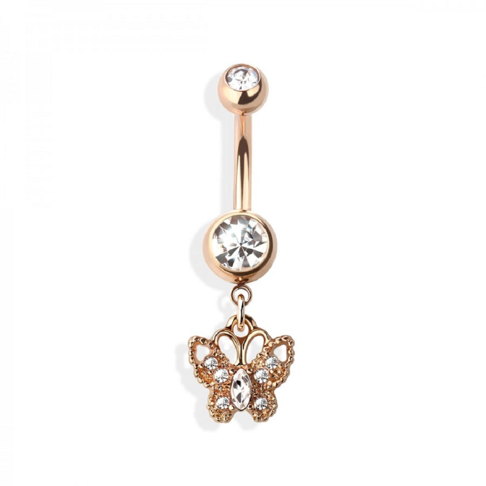 Double Jeweled Barbell with Dangling CZ Paved Butterfly Belly Button Ring - 316L Stainless Steel