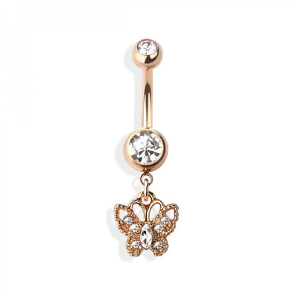 Double Jeweled Barbell with Dangling CZ Paved Butterfly Belly Button Ring - 316L Stainless Steel