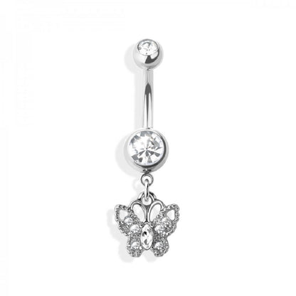 Double Jeweled Barbell with Dangling CZ Paved Butterfly Belly Button Ring - 316L Stainless Steel