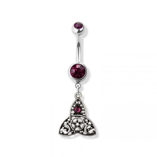 Purple CZ Crystal Trinity Symbol Dangling Belly Button Ring - 316L Stainless Steel