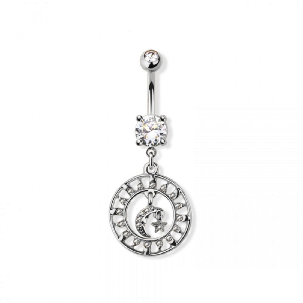 CZ Crystal Moon and Sun Charm Dangling Belly Button Ring - 316L Stainless Steel