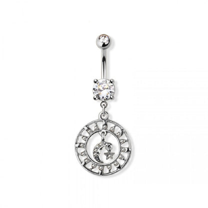 CZ Crystal Moon and Sun Charm Dangling Belly Button Ring - 316L Stainless Steel