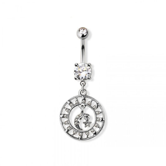 CZ Crystal Moon and Sun Charm Dangling Belly Button Ring - 316L Stainless Steel
