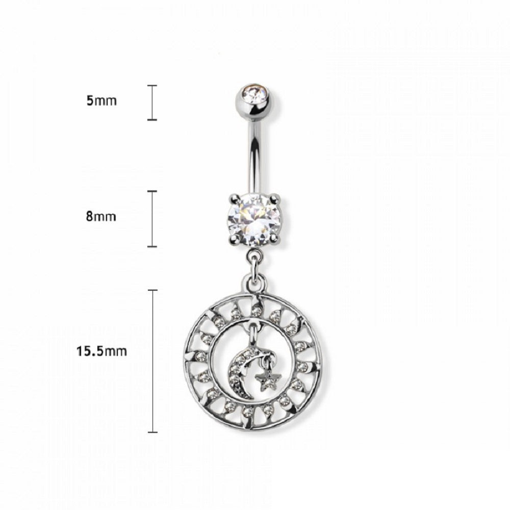 CZ Crystal Moon and Sun Charm Dangling Belly Button Ring - 316L Stainless Steel