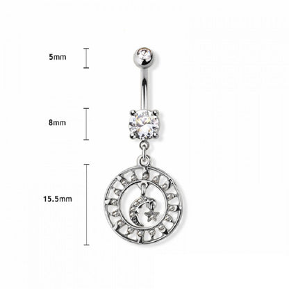 CZ Crystal Moon and Sun Charm Dangling Belly Button Ring - 316L Stainless Steel