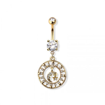 CZ Crystal Moon and Sun Charm Dangling Belly Button Ring - 316L Stainless Steel