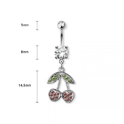 CZ Crystal Pink Cherries Dangling Belly Button Ring - 316L Stainless Steel