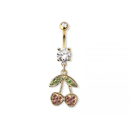 CZ Crystal Pink Cherries Dangling Belly Button Ring - 316L Stainless Steel