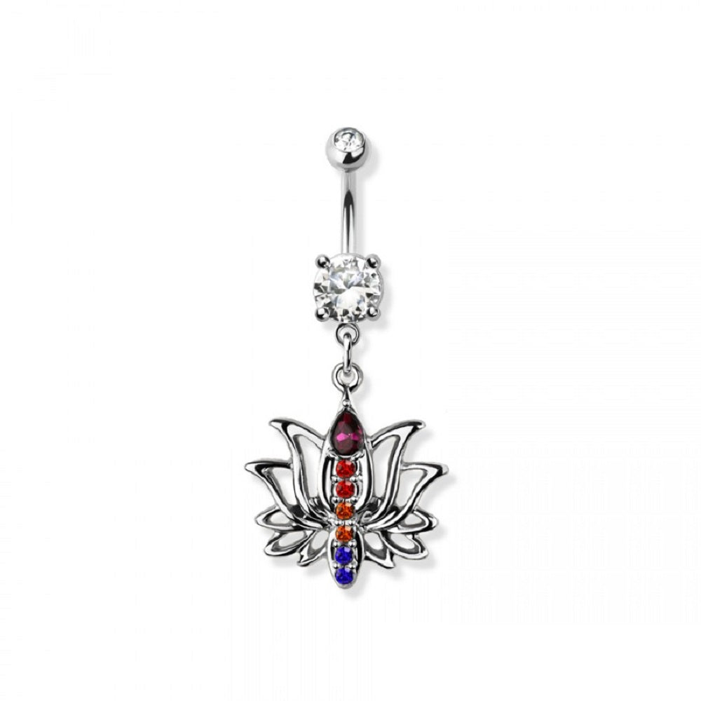 CZ Crystal Rainbow Zen Lotus Flower Dangling Belly Button Ring - 316L Stainless Steel