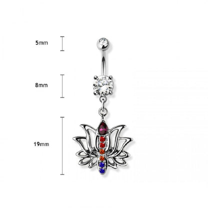 CZ Crystal Rainbow Zen Lotus Flower Dangling Belly Button Ring - 316L Stainless Steel