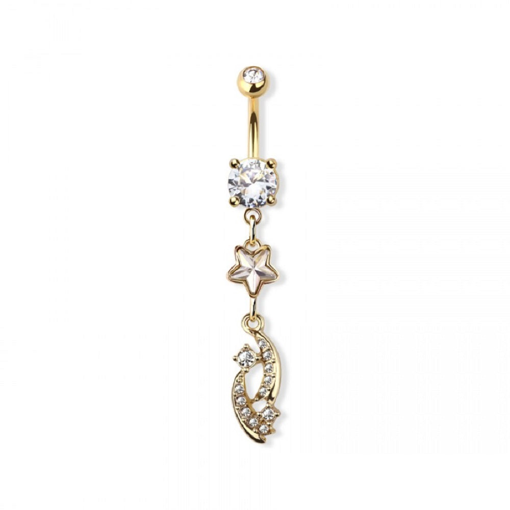 CZ Crystal Shooting Stars Dangling Belly Button Ring - 316L Stainless Steel