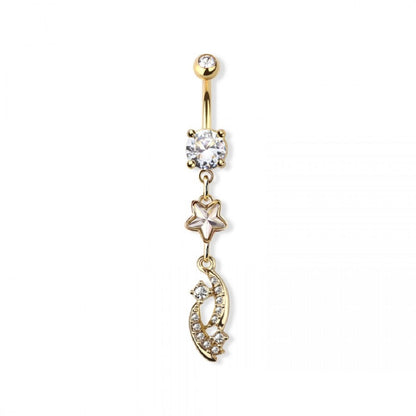 CZ Crystal Shooting Stars Dangling Belly Button Ring - 316L Stainless Steel