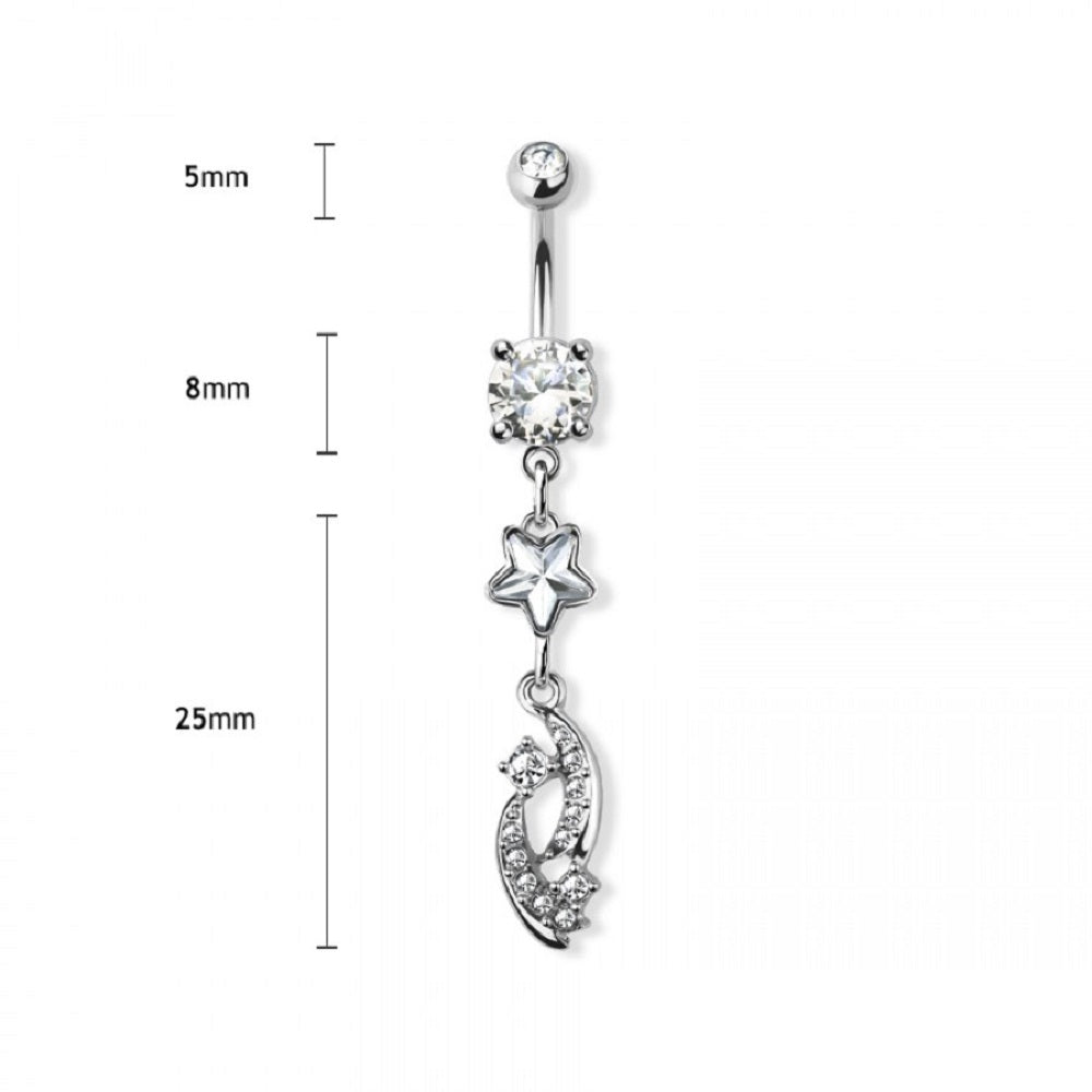 CZ Crystal Shooting Stars Dangling Belly Button Ring - 316L Stainless Steel