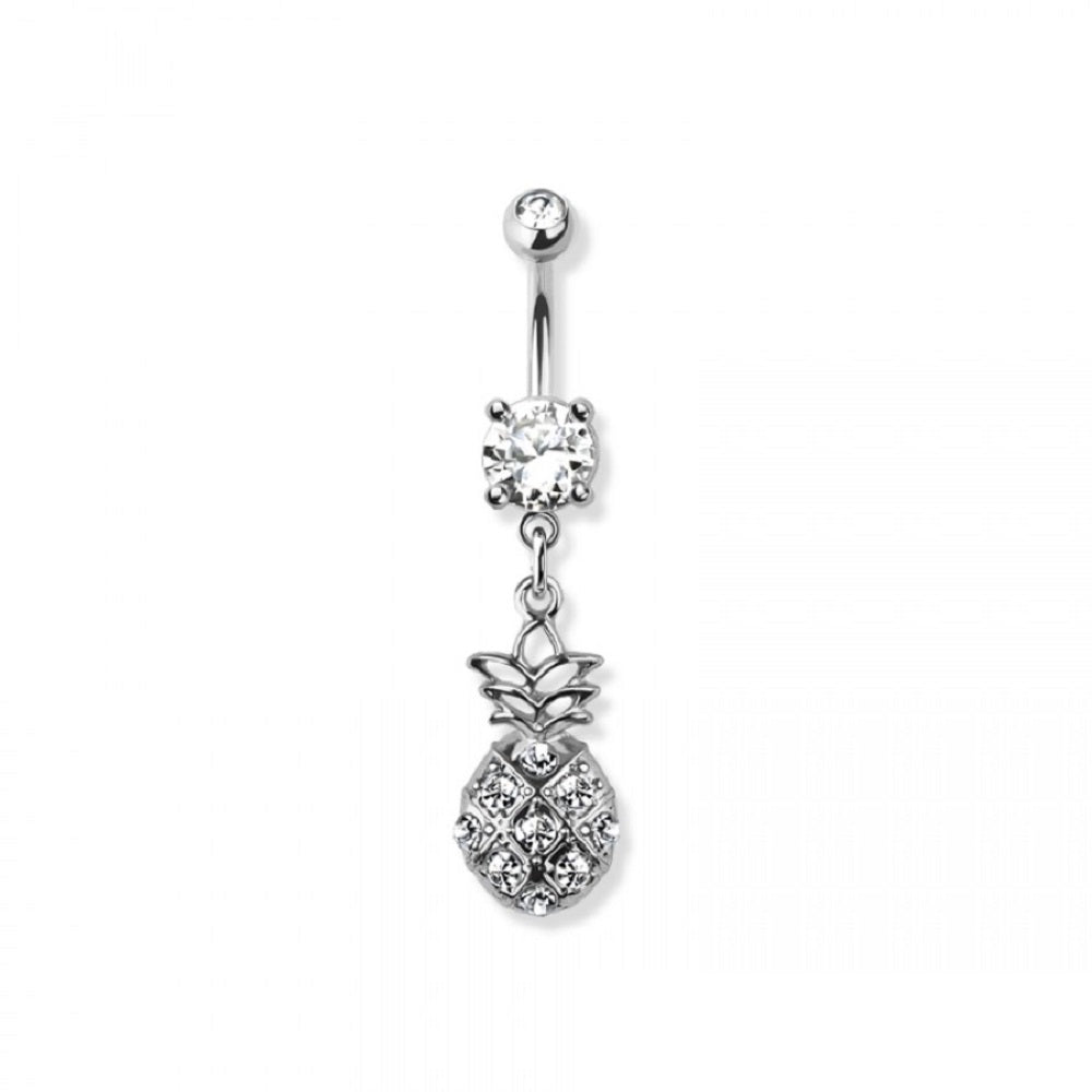 CZ Crystal Pineapple Dangling Belly Button Ring - 316L Stainless Steel