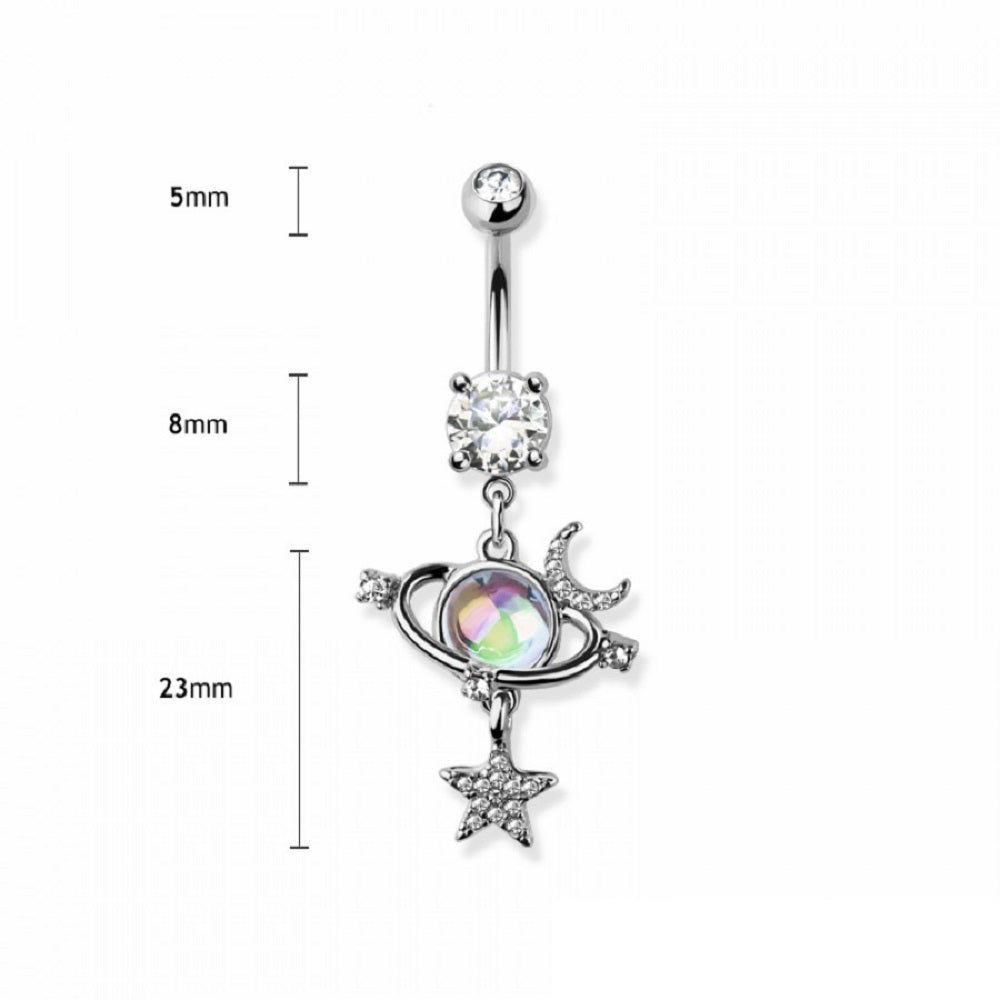 CZ Crystal Orbiting Planet with Crescent Moon and Stars Dangling Belly Button Ring - 316L Stainless Steel