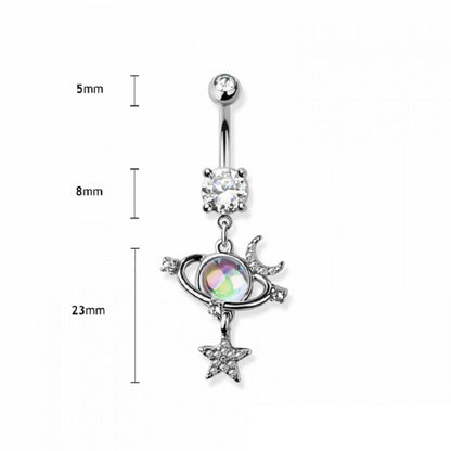 CZ Crystal Orbiting Planet with Crescent Moon and Stars Dangling Belly Button Ring - 316L Stainless Steel