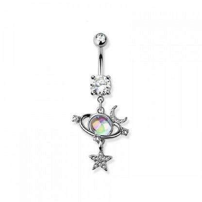 CZ Crystal Orbiting Planet with Crescent Moon and Stars Dangling Belly Button Ring - 316L Stainless Steel