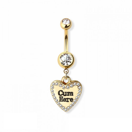 Heart Shaped Naughty Message Dangling Belly Button Ring - Gold Plated 316L Stainless Steel