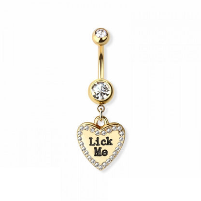 Heart Shaped Naughty Message Dangling Belly Button Ring - Gold Plated 316L Stainless Steel