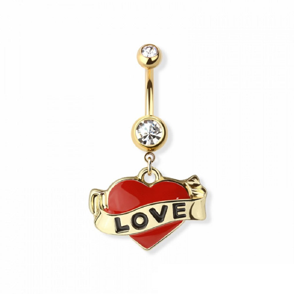 Red Love Heart Tattoo Dangling Belly Button Ring - 316L Stainless Steel
