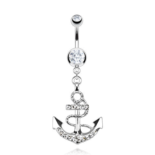 CZ Crystal Gemmed Nautical Anchor Dangling Belly Button Ring - Stainless Steel