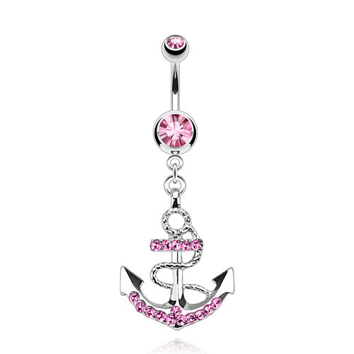 CZ Crystal Gemmed Nautical Anchor Dangling Belly Button Ring - Stainless Steel