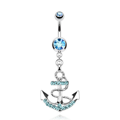 CZ Crystal Gemmed Nautical Anchor Dangling Belly Button Ring - Stainless Steel